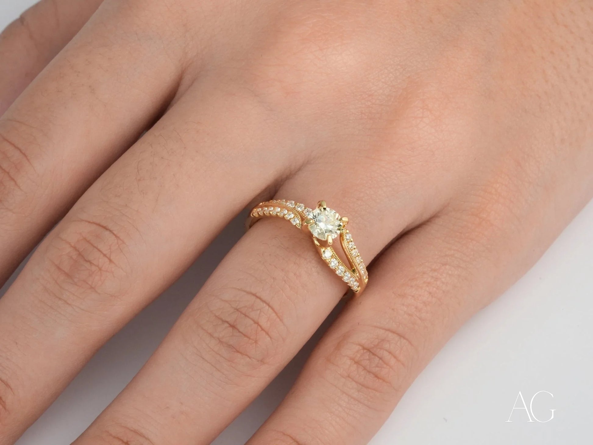 Gold Radiant Vow Engagement Ring with center diamond and split shank design