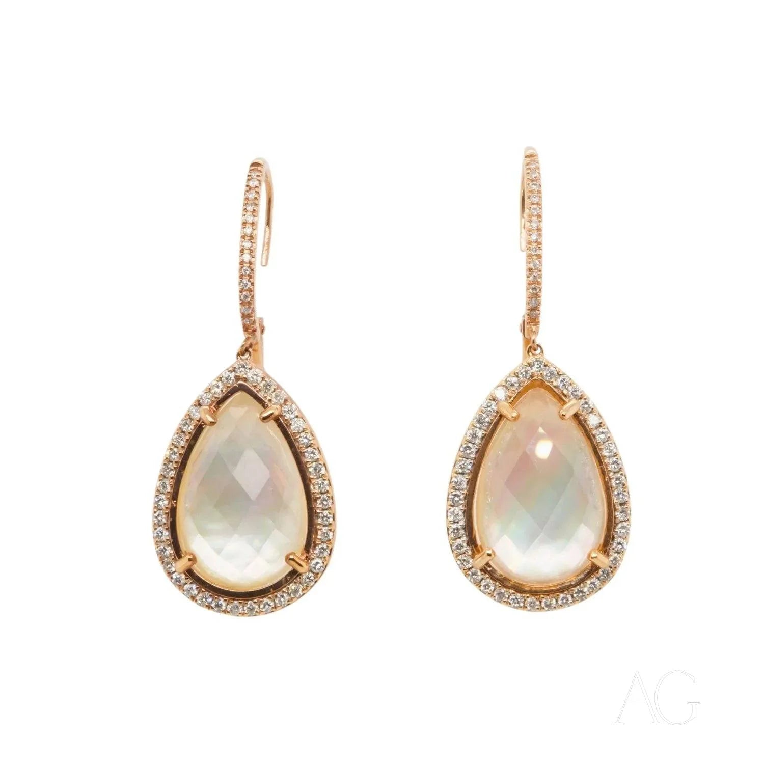 Teardrop-shaped opal earrings in rose gold with diamonds and vibrant rainbow crystals