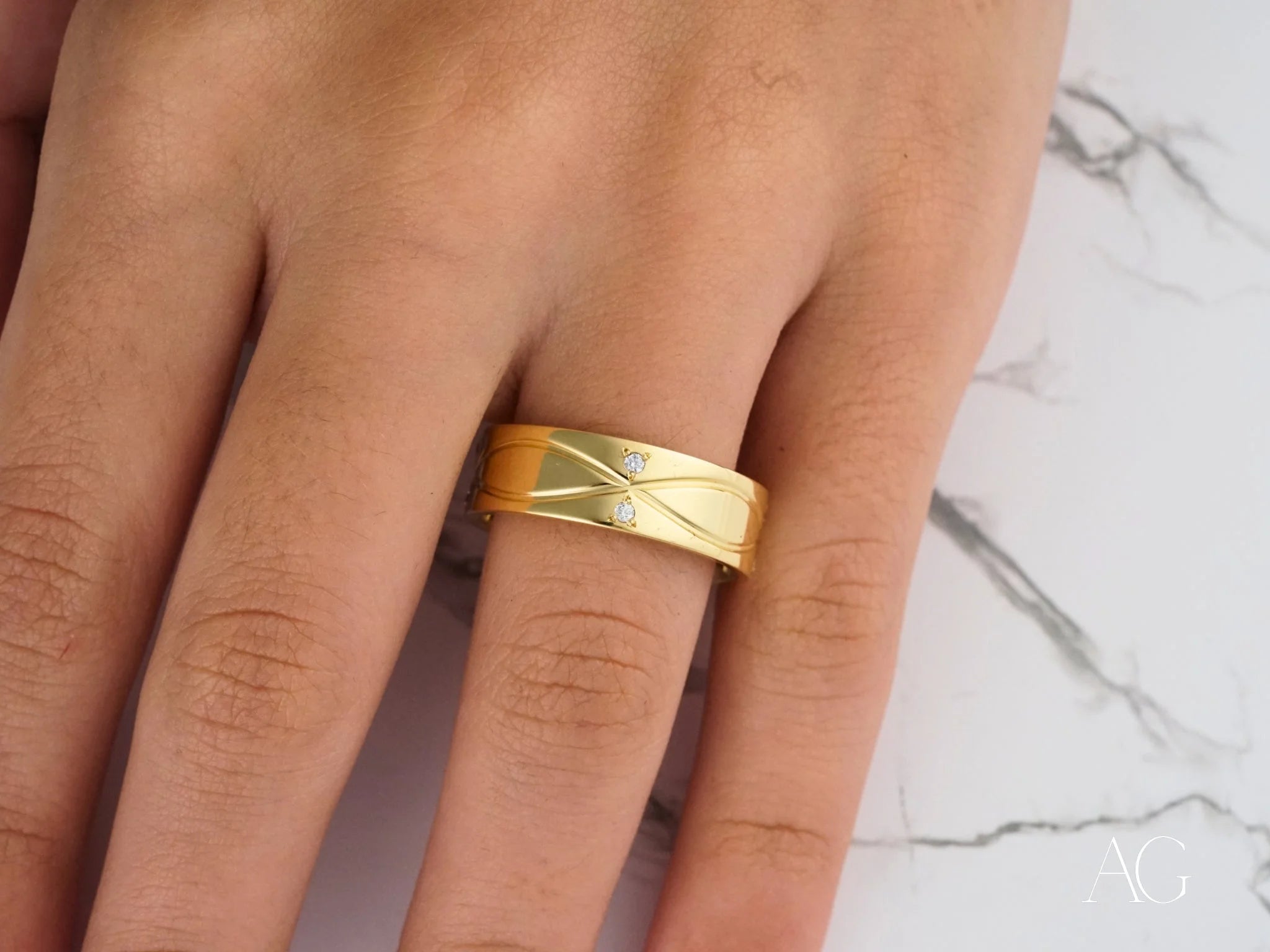 Gold Radiant Harmony Wedding Band with criss-cross pattern and comfort fit design