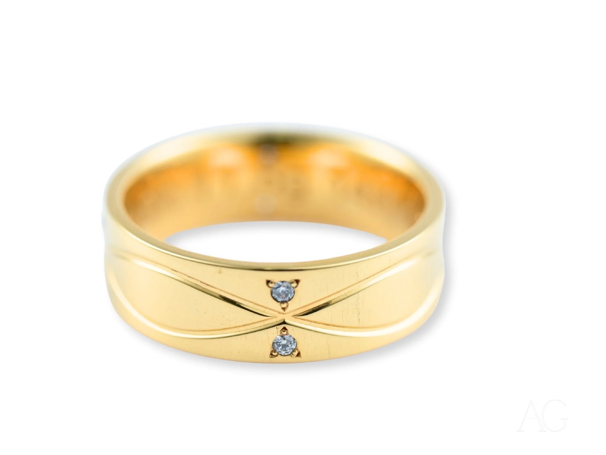 Gold wedding band with diamonds in a cross pattern, part of the Radiant Harmony collection