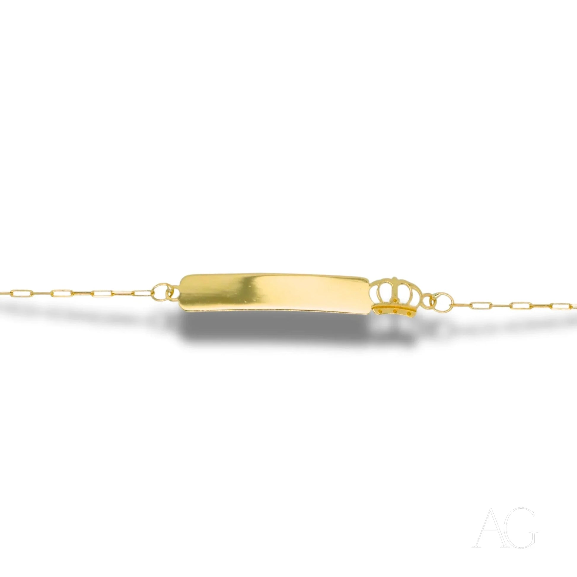 Gold baby bracelet featuring a crown motif and engraving plate in 18k solid gold