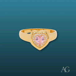 Romantic 18k gold heart ring with pink gemstone and diamond accents