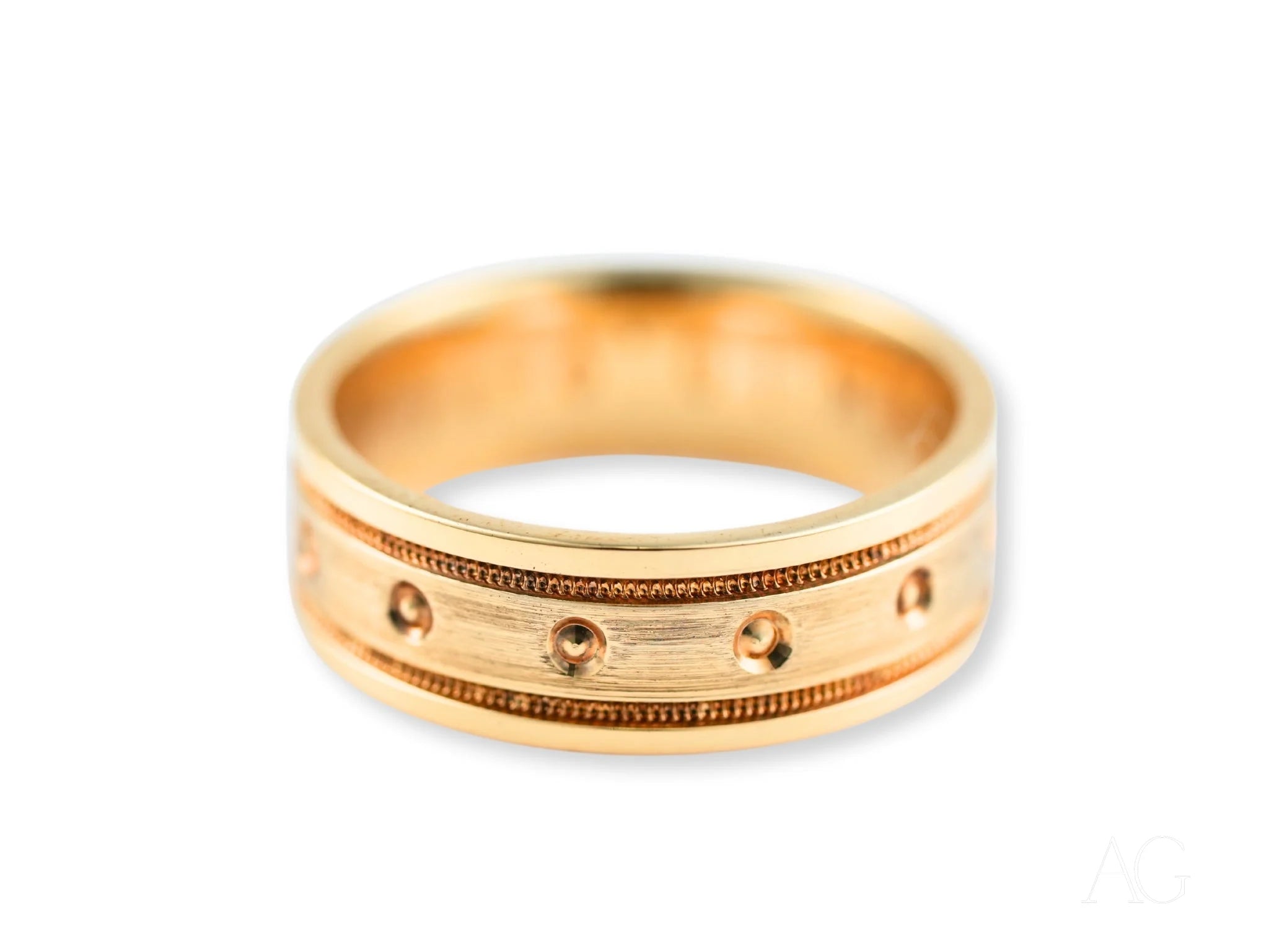 14k Gold Royal Crest wedding band featuring textured accents and beaded edges