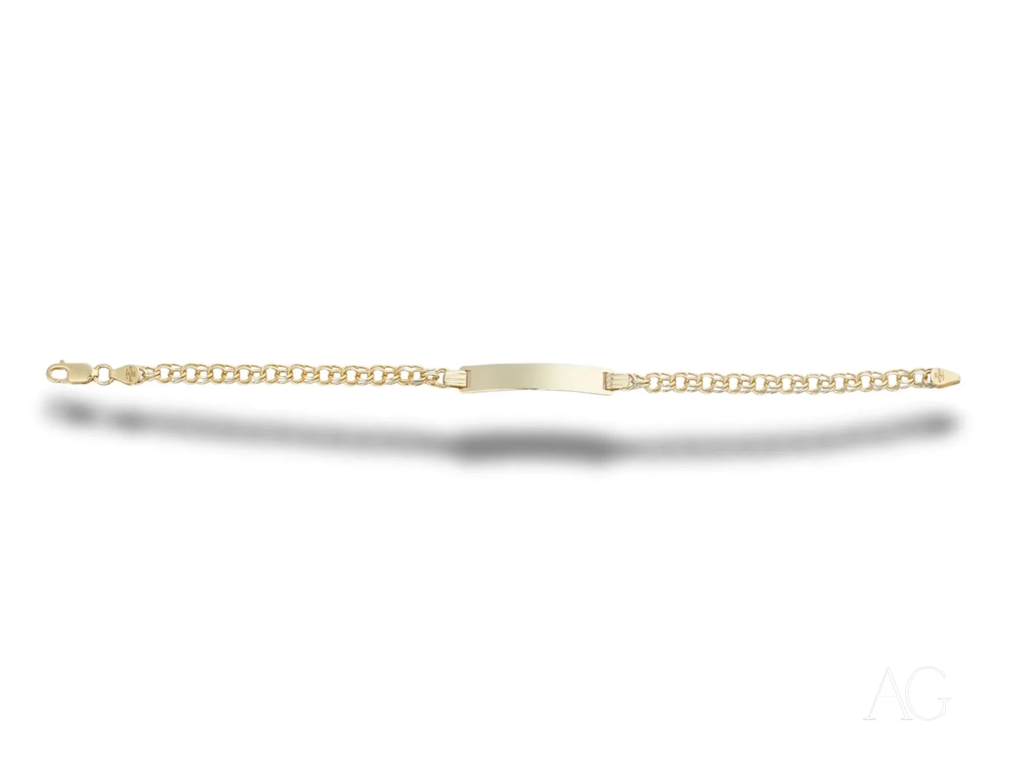 Gold chain double link bracelet with customizable rectangular plate in solid 18k gold