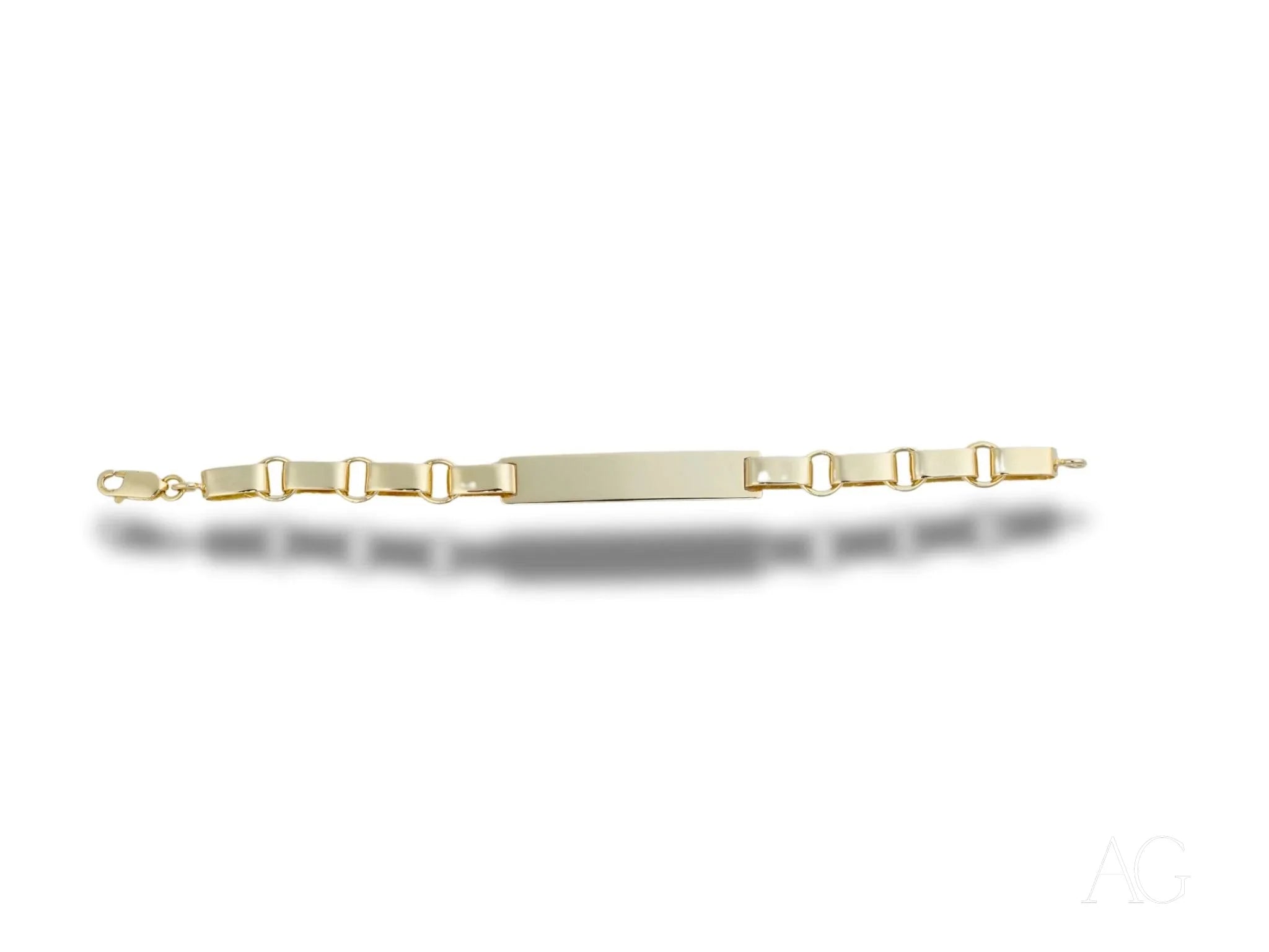 Solid 18k gold kid’s ID bracelet with unique chain links and rectangular identification plate