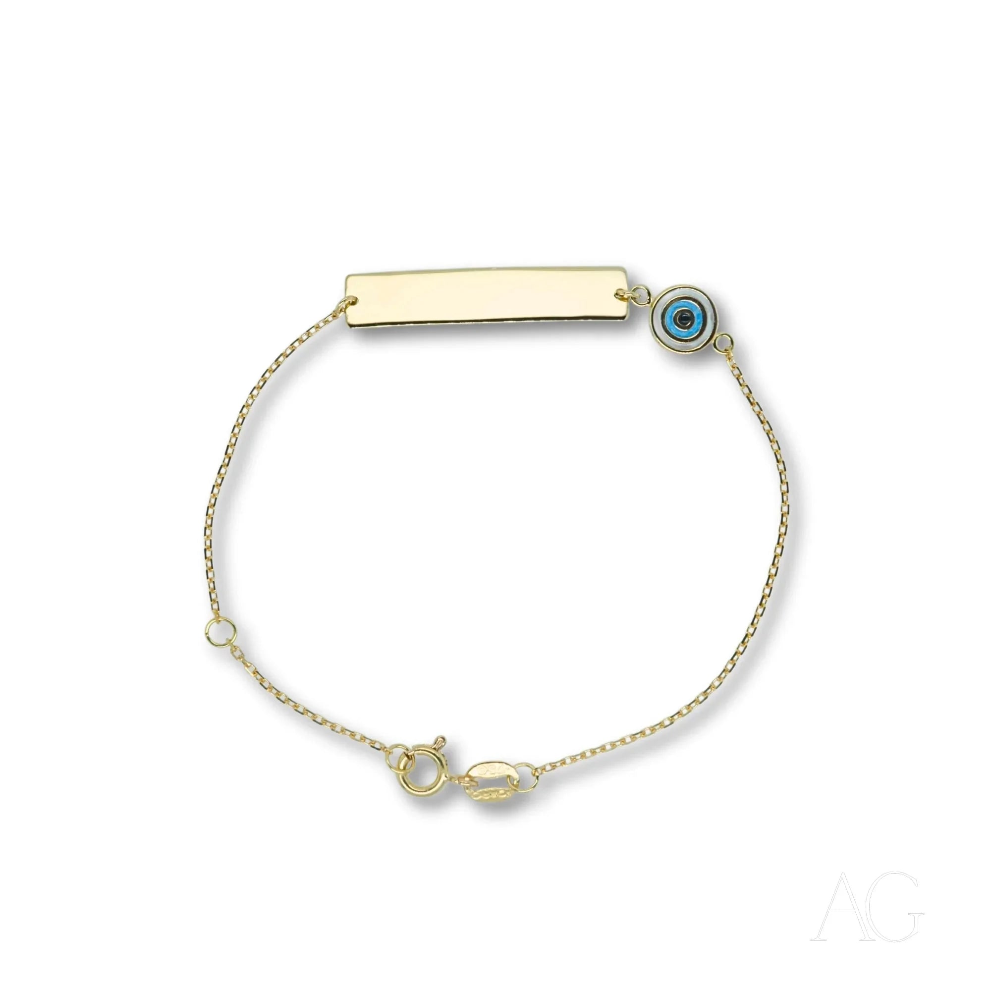 Delicate gold chain bracelet featuring evil eye motif and blue charm for kids