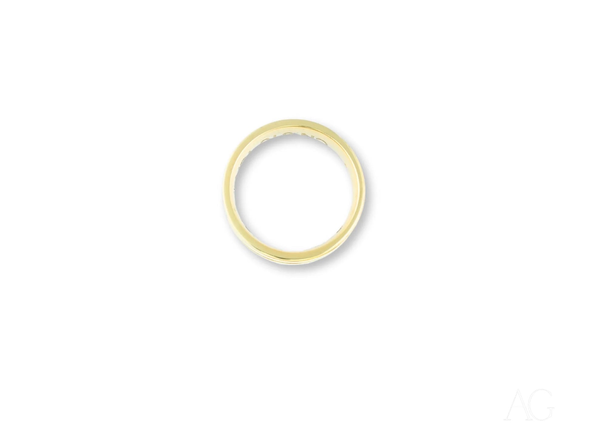 Simple 14k gold wedding band with white interior band from Solitaire Grace collection