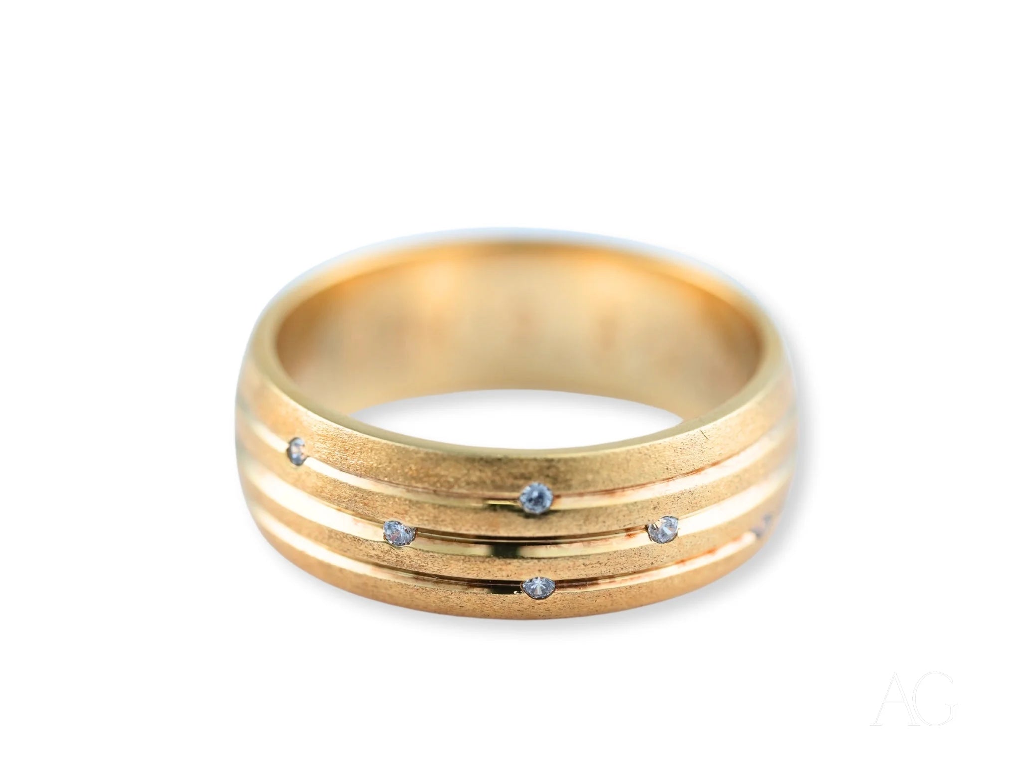 14k Gold Stellar Strands Wedding Band with multiple grooves and embedded diamonds