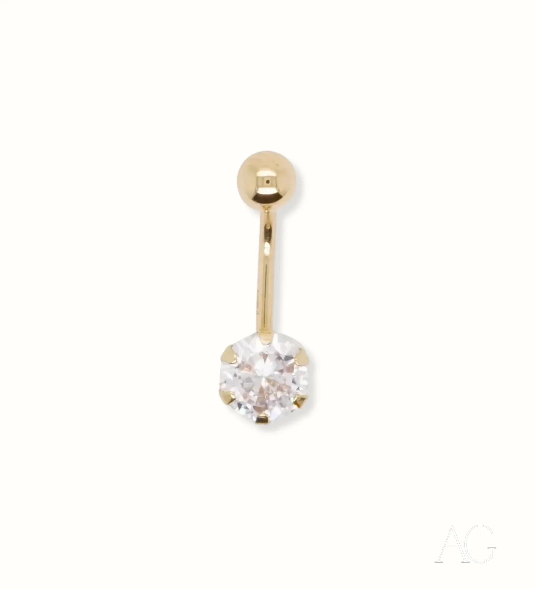 Gold belly button ring with clear cubic zirconia in 18k gold setting