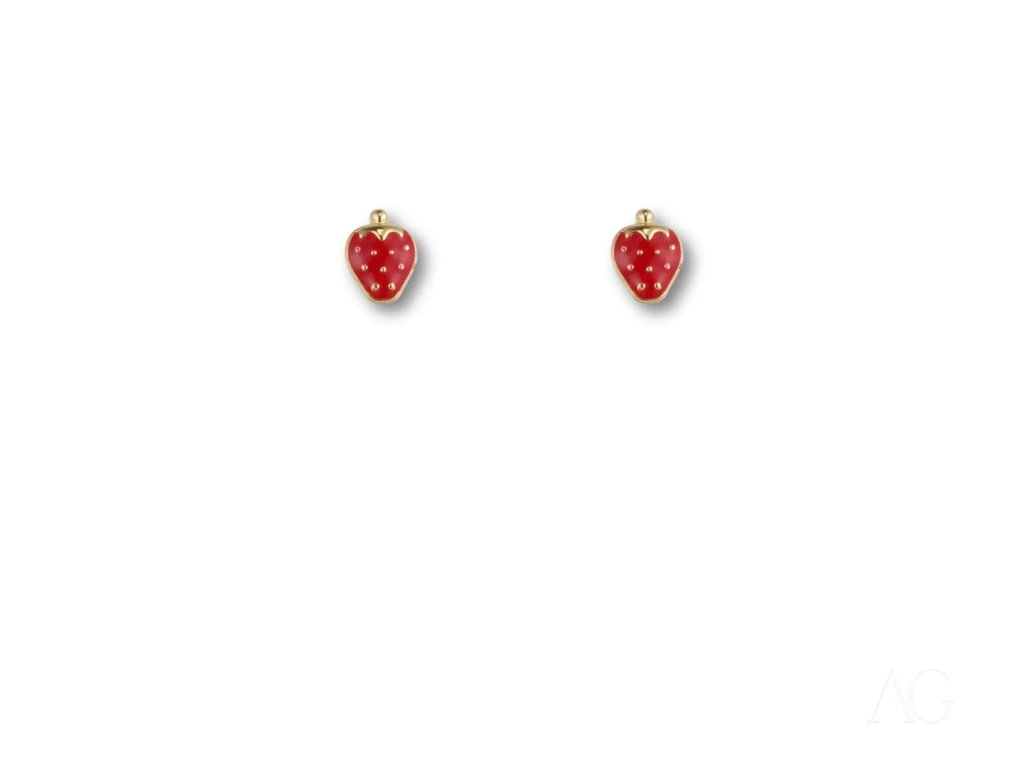 Gold Kids Enamel Sweet Strawberry Earrings in the shape of delightful strawberries
