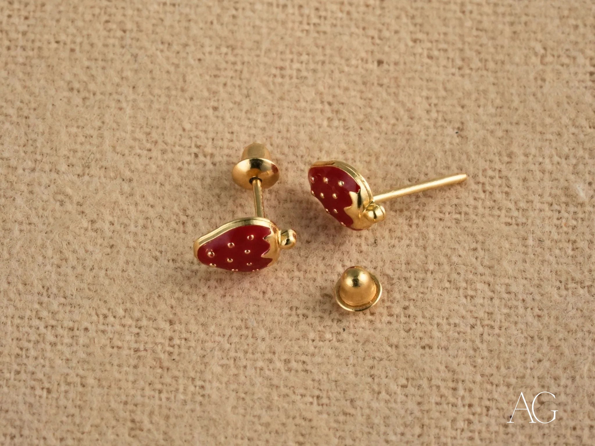Strawberry-shaped gold kids enamel stud earrings for a sweet and playful look