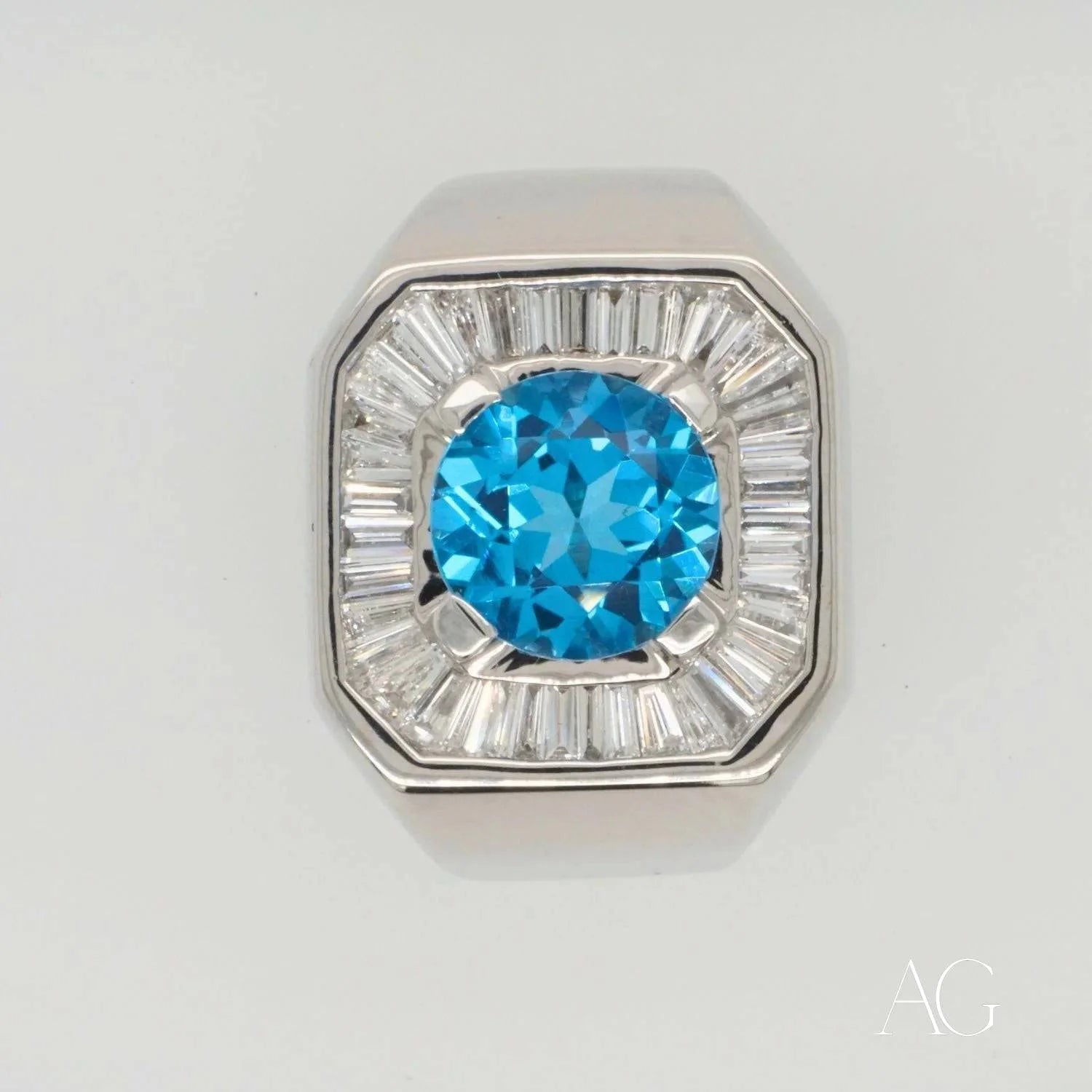 Ornate Swiss Blue Topaz Elegance Ring with brilliant blue gem and baguette diamonds