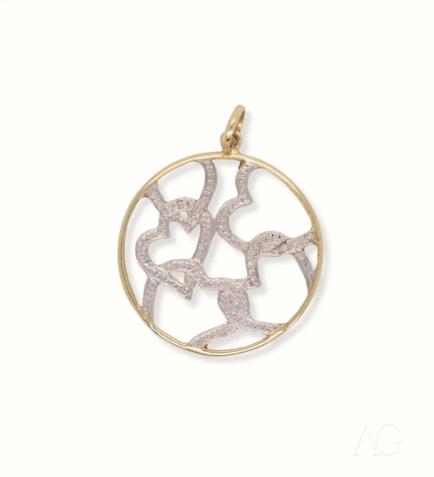 Circular white gold hearts pendant with abstract cutout design of intertwining shapes