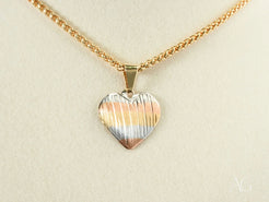 Three-Tone Heart Pendant featuring 18k Gold and Silver Striped Heart on Gold Chain