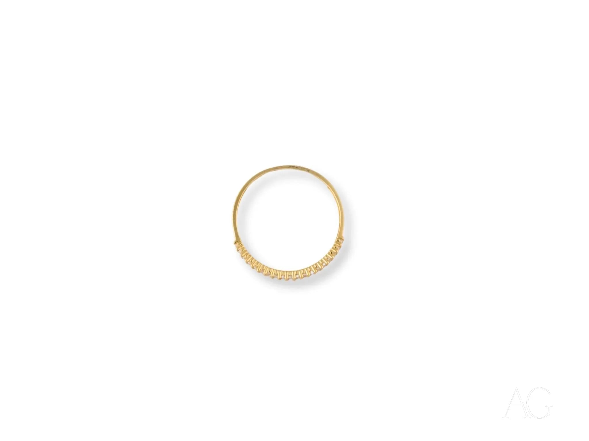 Gold hoop earring adorned with gemstones, showcasing 18k yellow gold elegance