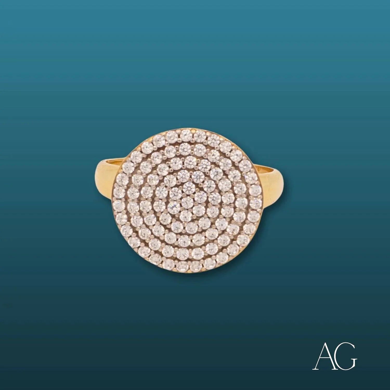 Circular diamond-encrusted ring with a gold band, featuring round cubic zirconia in 18k gold