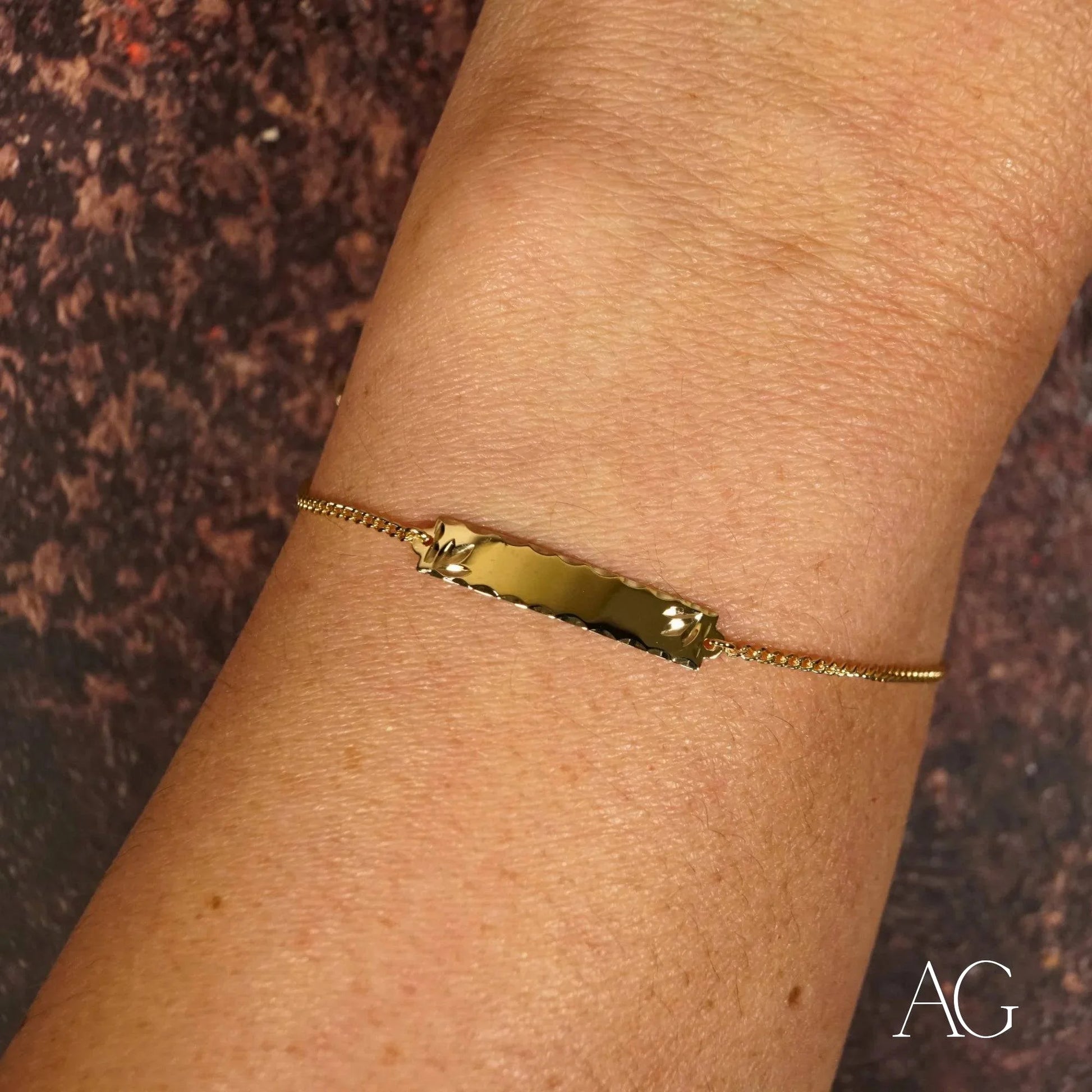 Gold bracelet with rectangular plate on delicate chain, 18k solid gold for kids