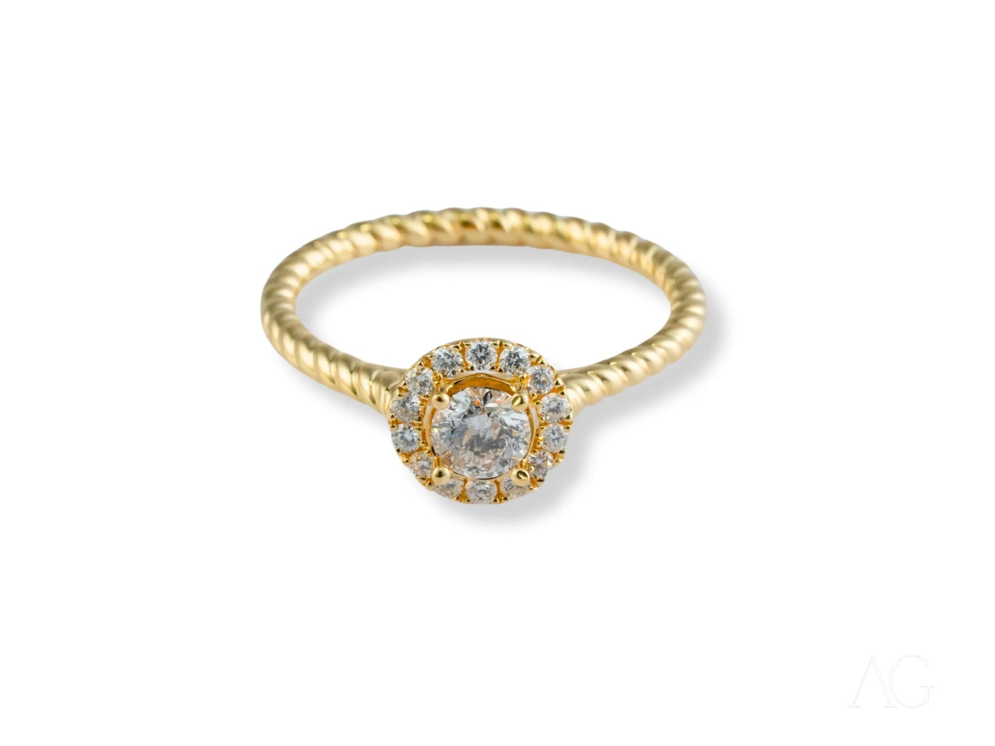 18k Gold Twist of Grace Engagement Ring with Round Center Diamond and Halo Setting