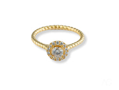 18k Gold Twist of Grace Engagement Ring with Round Center Diamond and Halo Setting