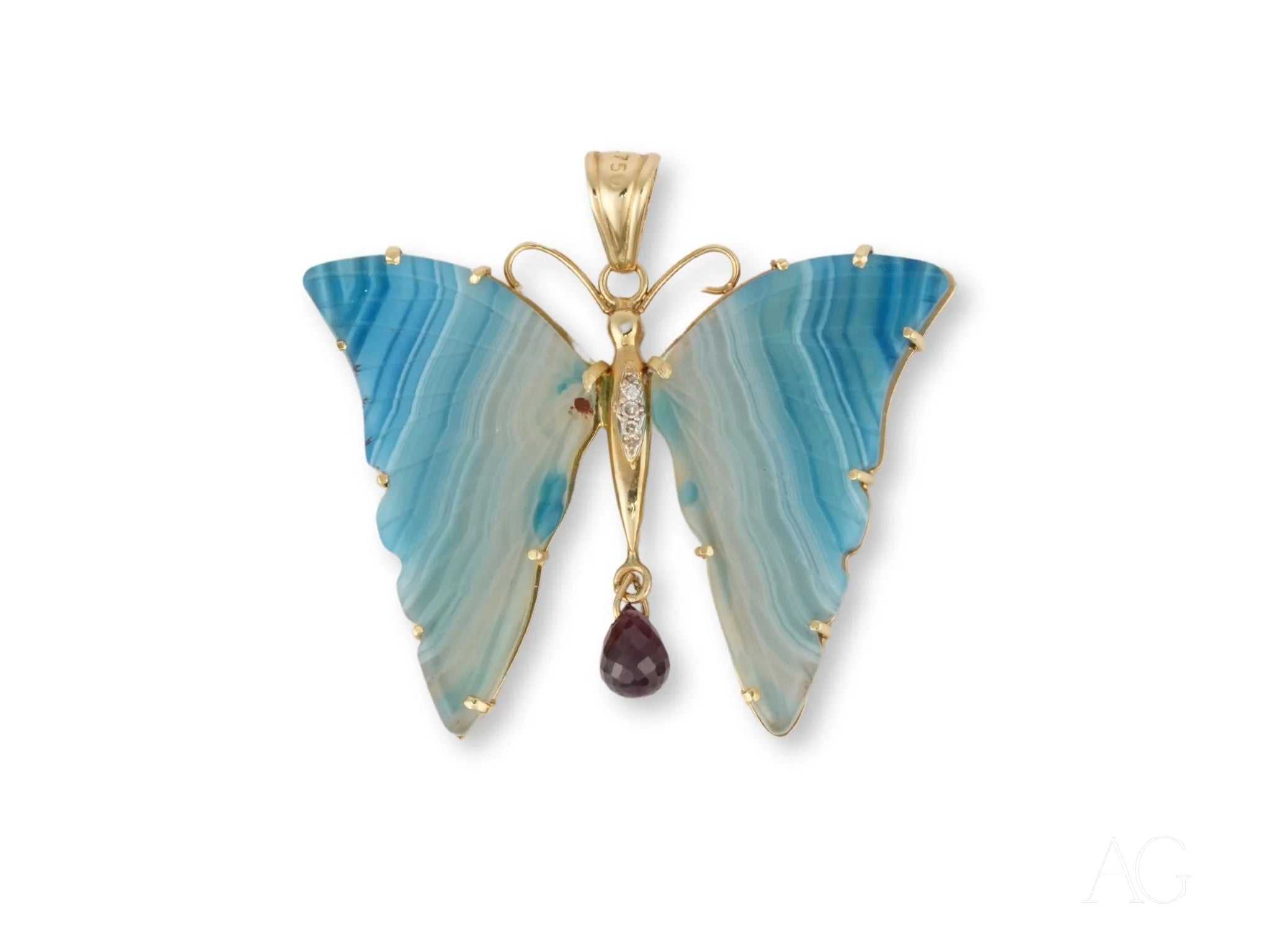 Butterfly pendant in blue agate with gold trim and garnet drop from Wings of Elegance